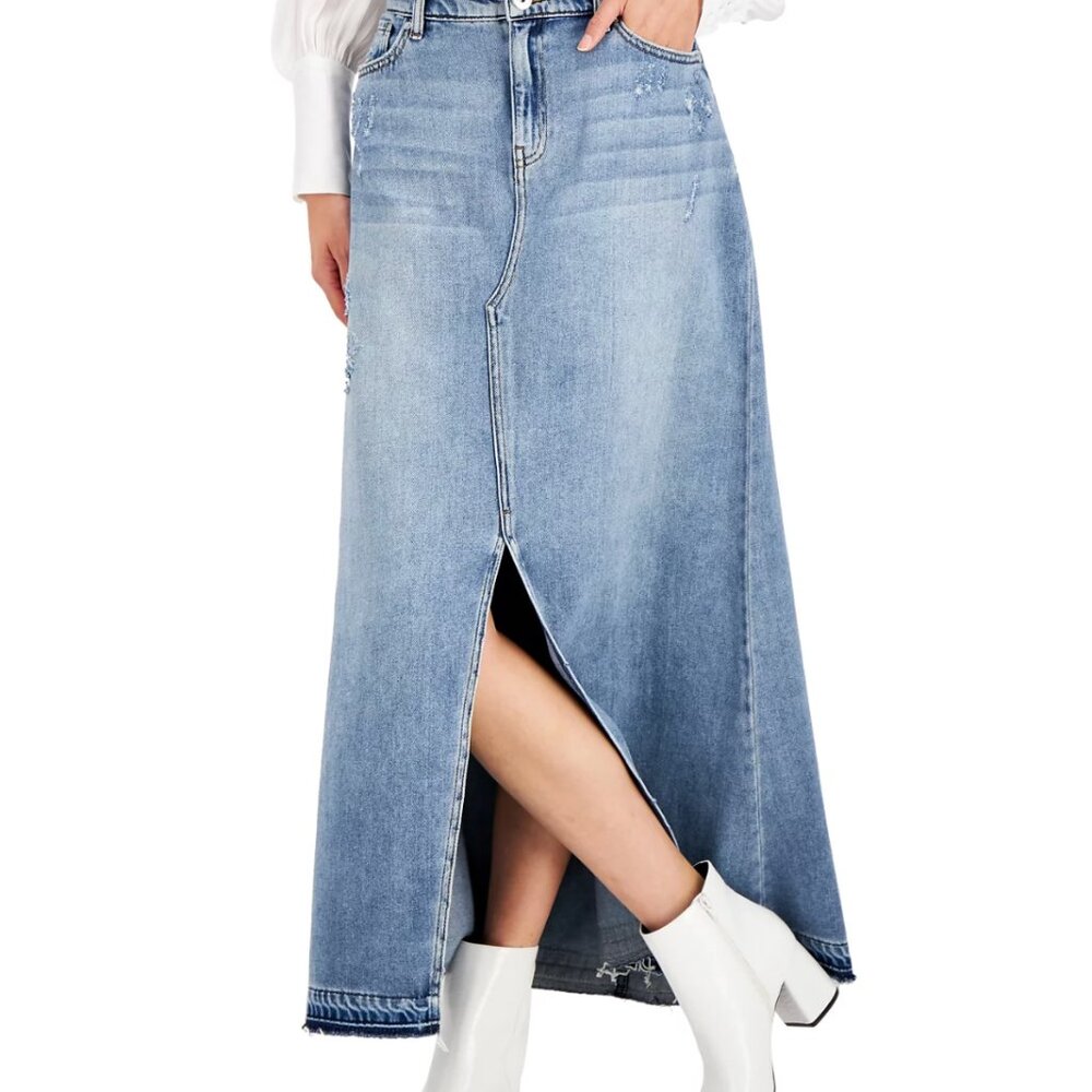 INC Denim Distressed Maxi Skirt with Front Hem Slit & Front/Back Pockets